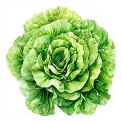 Obraz premium Ultra realistic watercolor style illustration of beautiful fresh tasty lettuce, high detailed, close up, isolated on white