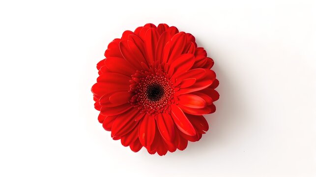 Top view of a vibrant red flower on white background. Perfect for floral concepts or minimalist designs. Simple and striking composition. AI