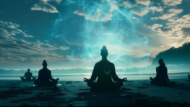 group of people meditates Radiating with Divine Energy: A Conceptual Journey into Meditation, Transcendence, and Spiritual Enlightenment - 4k 9x16 vertical new stock video footage animation AI