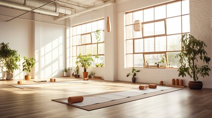 A photo of a clean and empty yoga studio with mats.