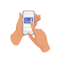 Online money transfer, banking applications. Hands with smartphones performing financial transactions. Credit cards, online shopping. Investments and finance, profit or benefit, trade. Economy