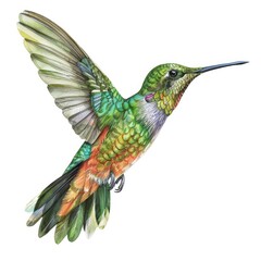 Fototapeta premium Ultra realistic watercolor style illustration of hummingbird, high detailed, close up, isolated on white