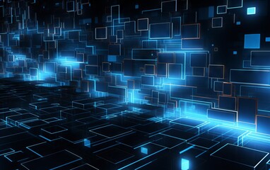 Glowing blue neon squares and lines on dark background. Abstract technology digital hi tech concept with cubes
