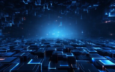 Fototapeta premium Glowing blue neon squares and lines on dark background. Abstract technology digital hi tech concept with cubes