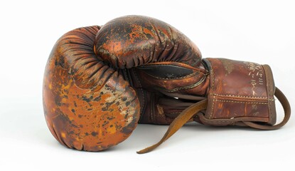 very old vintage leather boxing glove isolated on a white background