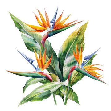 Ultra realistic watercolor style illustration of bird of paradise, high detailed, close up, isolated on white