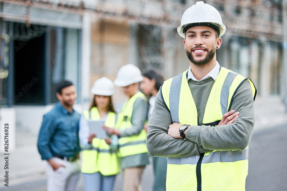 Poster man, outdoor and construction with smile on portrait for building project, contract or property deve