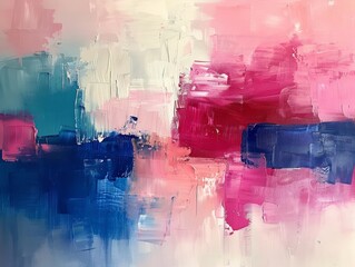 A painting with blue, pink and white colors. The painting is abstract and has a lot of brush strokes