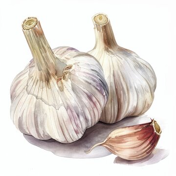 Ultra realistic watercolor style illustration of beautiful fresh tasty garlic, high detailed, close up, isolated on white