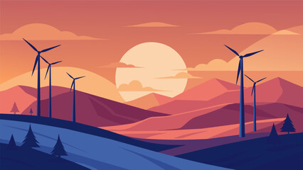 Against the soft hues of the setting sun the wind turbines appear as towering giants harnessing the power of the wind.. Vector illustration