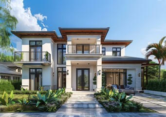 Fototapeta premium Modern Luxury Villa Design with Outdoor Pool and Landscaping