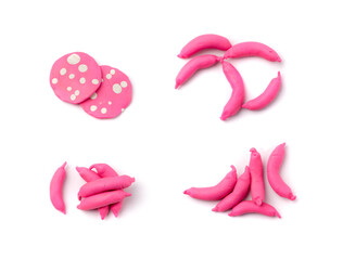 Plasticine salami isolated, sausage slices, modeling clay sliced chorizo, clay dough sausages thin pieces