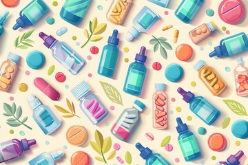 Cartoon drawing of a range of liquid medications and droppers, top view in flat design, pharmaceutical theme, vividly colored close up, medicinal care, vibrant, Fusion, doctors office backdrop
