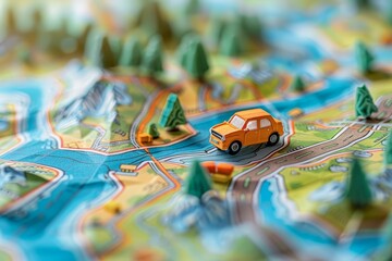 Fototapeta premium Cartoon drawing of a road trip, car moving towards a new destination and countryside exploration close up, travel thrill, surreal, Composite, countryside map backdrop