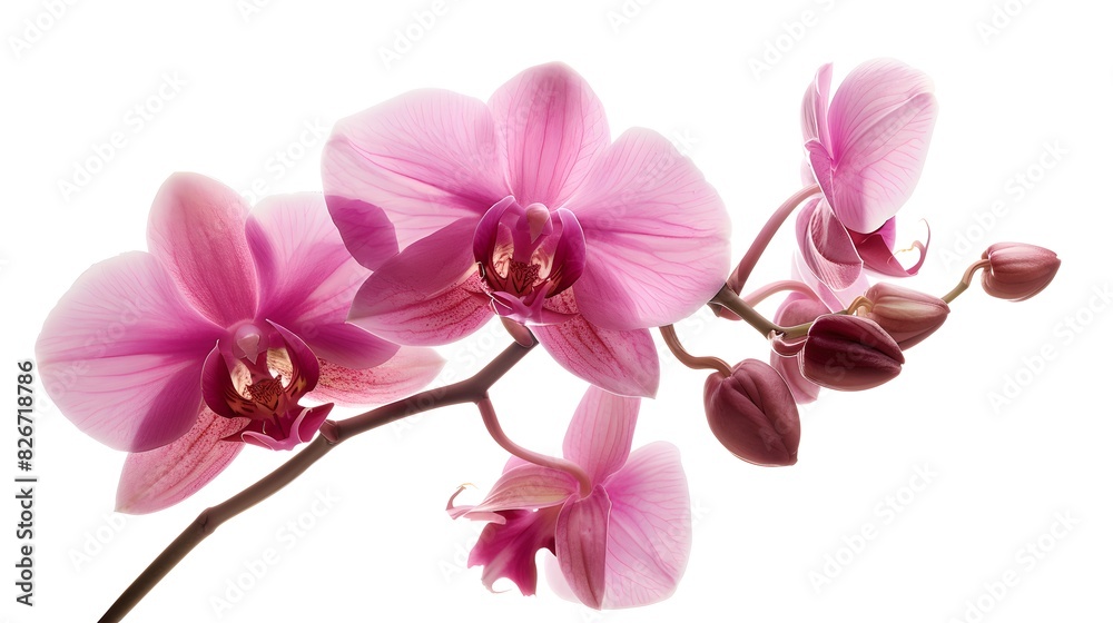 Wall mural Beautiful pink orchids isolated on a white background. Delicate flowers in a minimalist style. Perfect for floral design projects and nature photography. AI