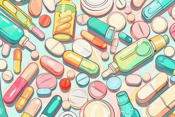 Cartoon drawing of an assortment of liquid medications and droppers, top view in flat design, pharmaceutical theme, vivid colors focus on