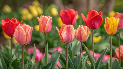 Vibrant red pink and yellow tulips blooming in the garden in spring
