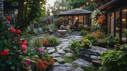 A garden with a stone path and a patio with a table and chairs
