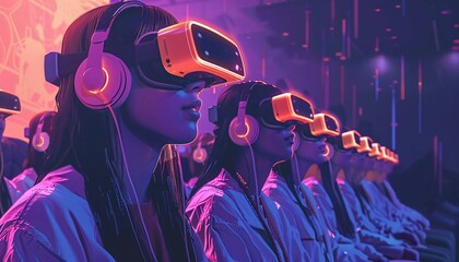 futuristic virtual conference with participants from around the world joining through immersive VR headsets