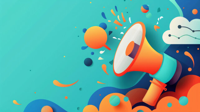 Colorful 3d illustration of megaphone with dynamic shapes and splashes on blue background