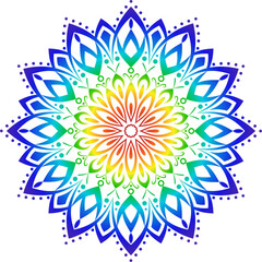Rainbow mandala on white background. Symbol of peace and spirituality. Bright round ornament. Boho floral oriental pattern. Printable indian home decor.