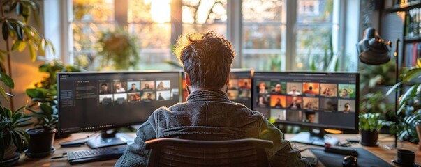 person attending a global virtual summit from their home office, with live translations and interactive features