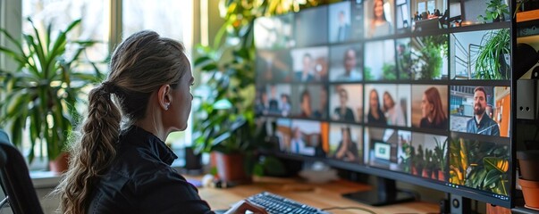 person attending a global virtual summit from their home office, with live translations and interactive features