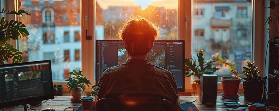 person attending a global virtual summit from their home office, with live translations and interactive features