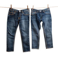 Two pairs of blue jeans hanging on clothesline to dry, isolated, transparent png, add your own background. © Pink Badger