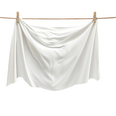 The serene elegance of a pristine white sheet, its crisp folds suspended from a clothesline, exuding a sense of purity and tranquility. Transparent png, add your own background. © Pink Badger