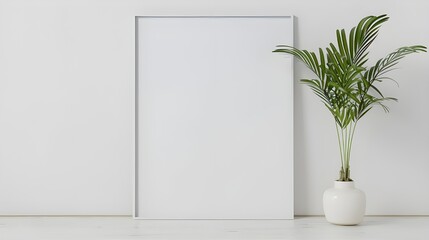 A template for an artwork, painting, photo, or poster with an empty square frame mockup in a modern, minimalist home with a fashionable vase holding a plant against a white wall.