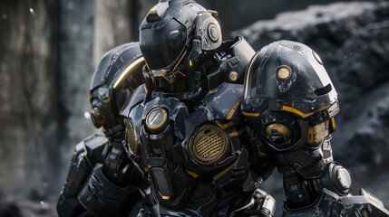 space soldier standing in the rubbles of a ruin, mainly black power armor, yellow joints, black visor, wide 16:9