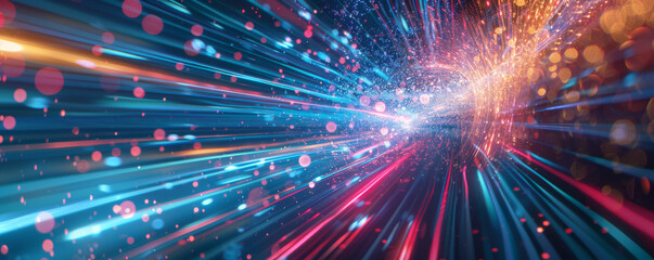 Abstract background with colorful light rays and laser beams, glowing lines in motion blur on dark backdrop. Concept of futuristic technology or digital design. Abstract neon background.