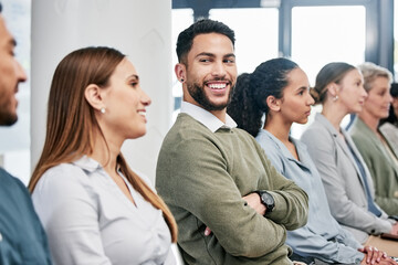 Businessman, smile or seminar with people in row for workshop, team building for corporate company. Male person, happiness or group for convention in conference room, staff at tradeshow or exhibition