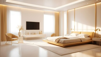 white and gold theme interior modern minimalism photo realism