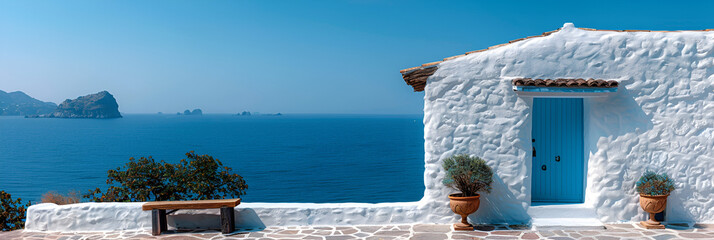 White Mediterranean House with Blue Door,
Blue and White Idyllic - White wooden door, gate or entrance to sea view on Santorini Island in Oia village, Greece
