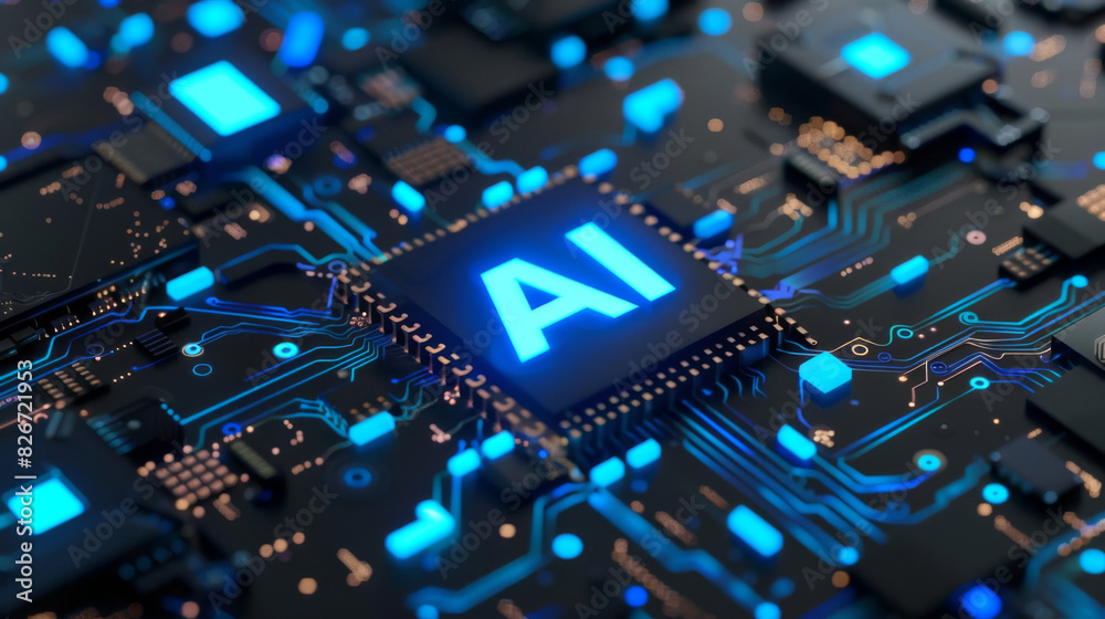 Aufkleber computer chip close-up featuring glowing circuits and ai inscription, symbolizing artificial intelli