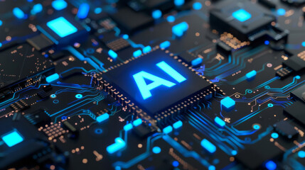 Computer chip close-up featuring glowing circuits and ai inscription, symbolizing artificial intelligence