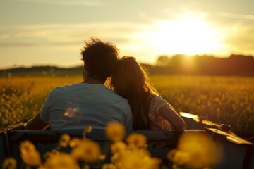 Back view of a couple sitting among flowers, embracing and watching the sunset