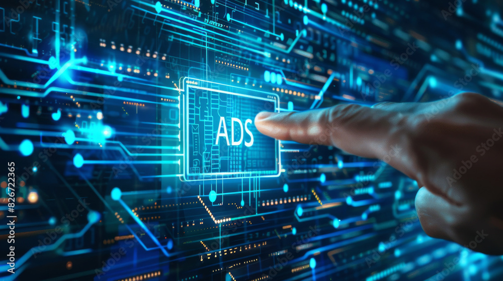 Poster person engaging with futuristic digital interface centered on advertisements