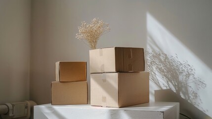 Four cardboard boxes stacked on a white surface