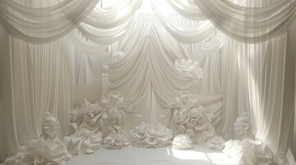 White fabric decorations with delicate curtain flounces and ruffles