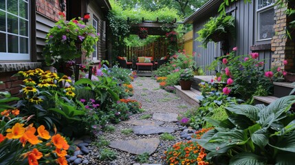 A garden path with a stone walkway and a brick wall