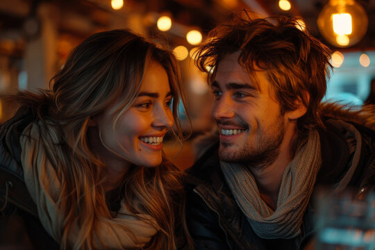 Partners sharing inside jokes and laughter during a casual evening at home. Concept of humor and connection. Generative Ai.