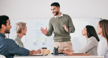 Happy, presenter and business people in meeting, seminar or conference for team planning and ideas. Smile, corporate group and speaker with company vision for teamwork, collaboration and sales pitch