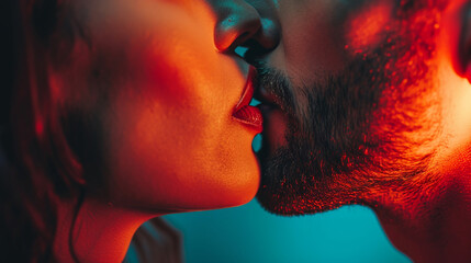 closeup view of man kissing woman on blurred background