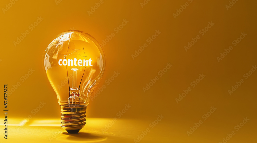 Poster illuminated light bulb with the word 'content' glowing, symbolizing creative ideas and content creat