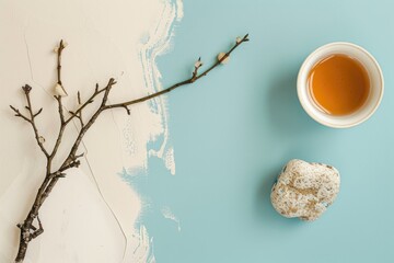 background. Minimalism. beige. Branch. Stone. Banner.place for text. Japanese style. cup of tea