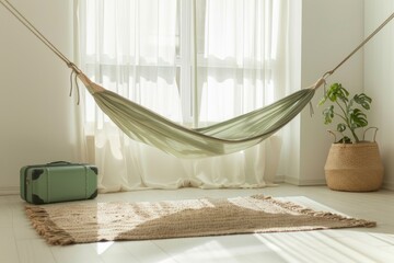 bright room with a hammock. Yoga. Hobby. Cosiness. Rest. minimalism. Scandinavian style.