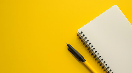 Flat lay of a white spiral notebook and black pen on a vivid yellow background